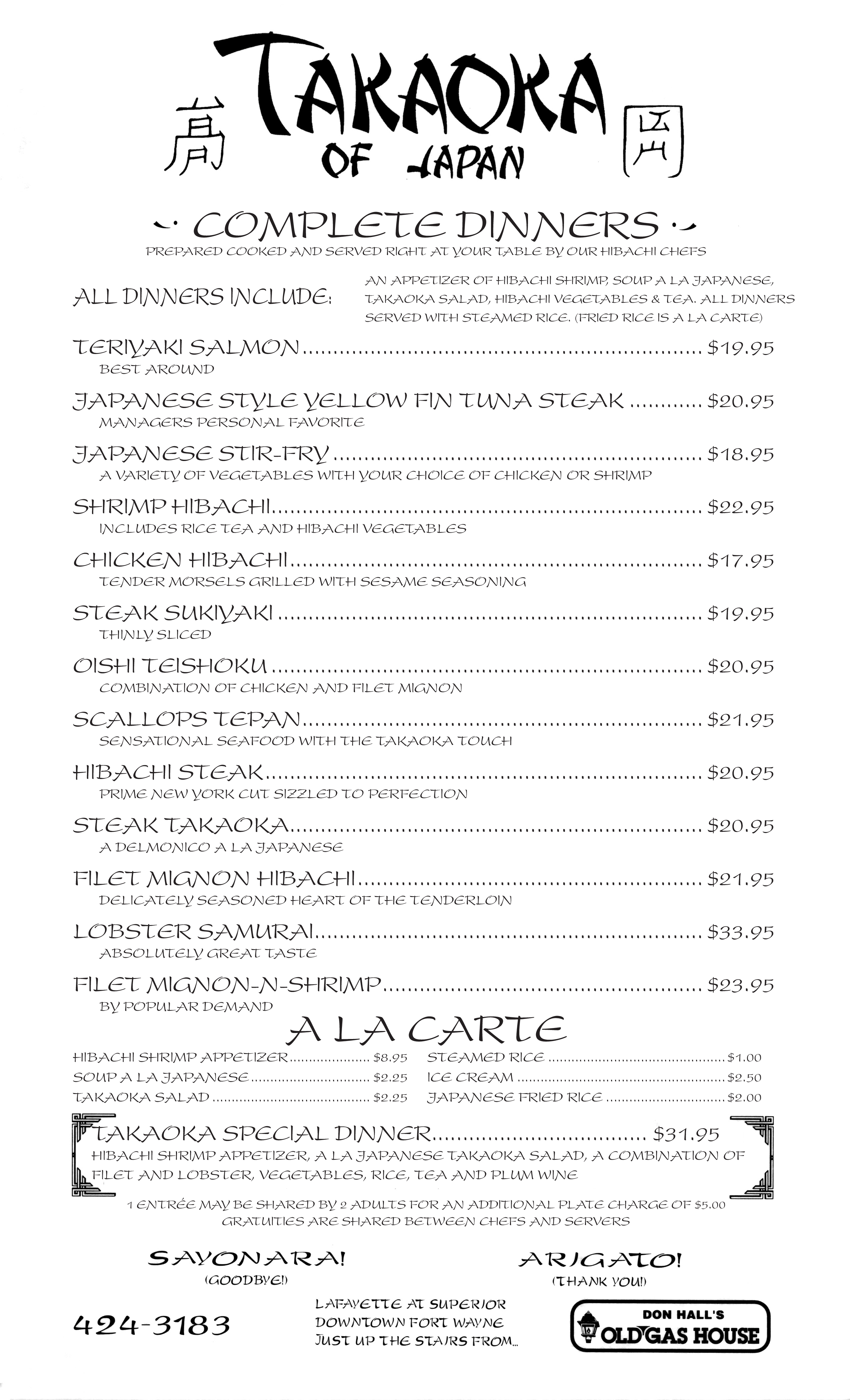 Menu at Takaoka of Japan restaurant, Fort Wayne