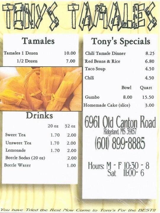 Tony's Hot Tamales Menu, Menu for Tony's Hot Tamales, Ridgeland