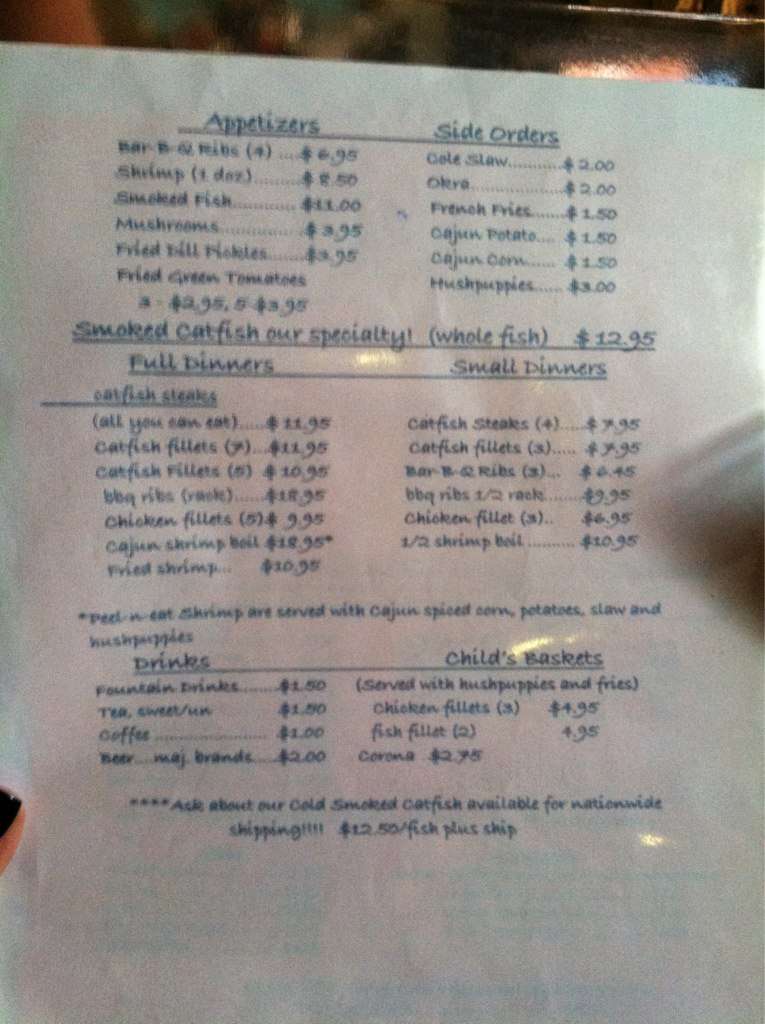 Menu at Pickwick Catfish Farm Restaurant, Counce