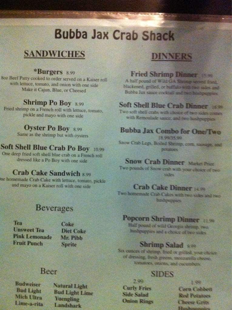 Bubba Jax Crab Shack Menu, Menu for Bubba Jax Crab Shack, Valdosta