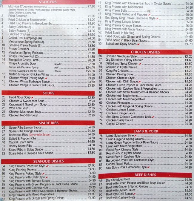 Silver Sea Chinese Take Away menu
