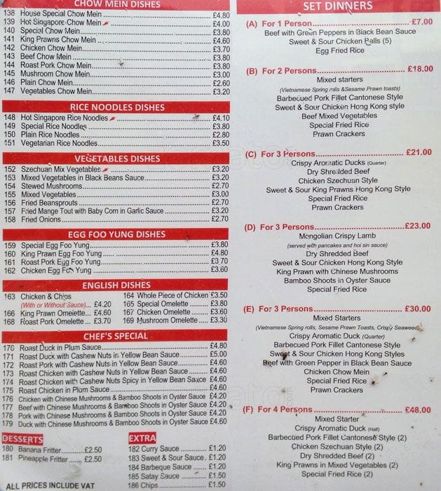 Silver Sea Chinese Take Away menu