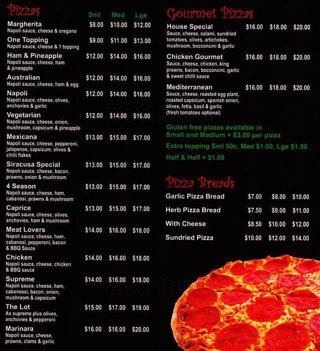 Siracusa Pizza & Pasta Cafe Menu Urbanspoon/Zomato