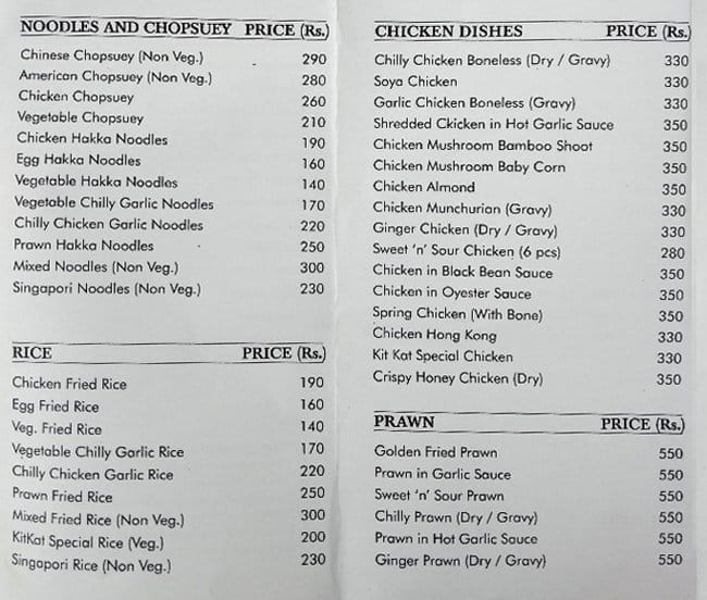 Menu at Kit Kat Kitchens, New Delhi