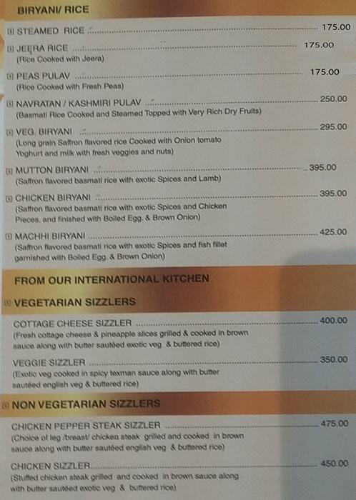 Hotel Gwalior Regency menu