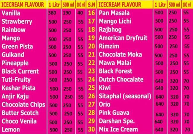 Darshan Ice Cream menu