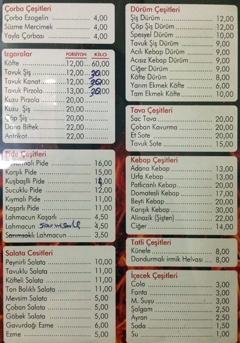 menu at avcilar mangalbasi istanbul