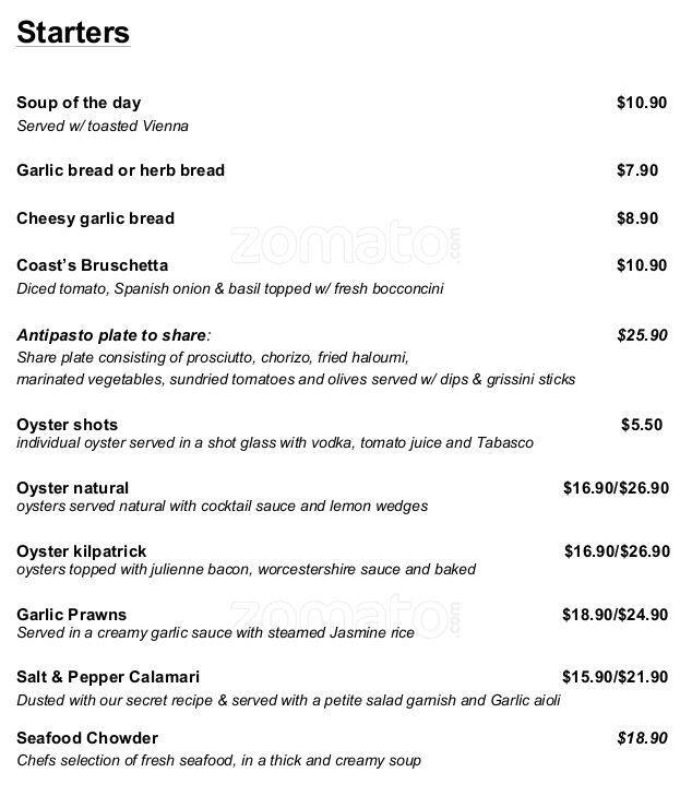 Menu at Coast Steak & Seafood Restaurant, Surfers Paradise