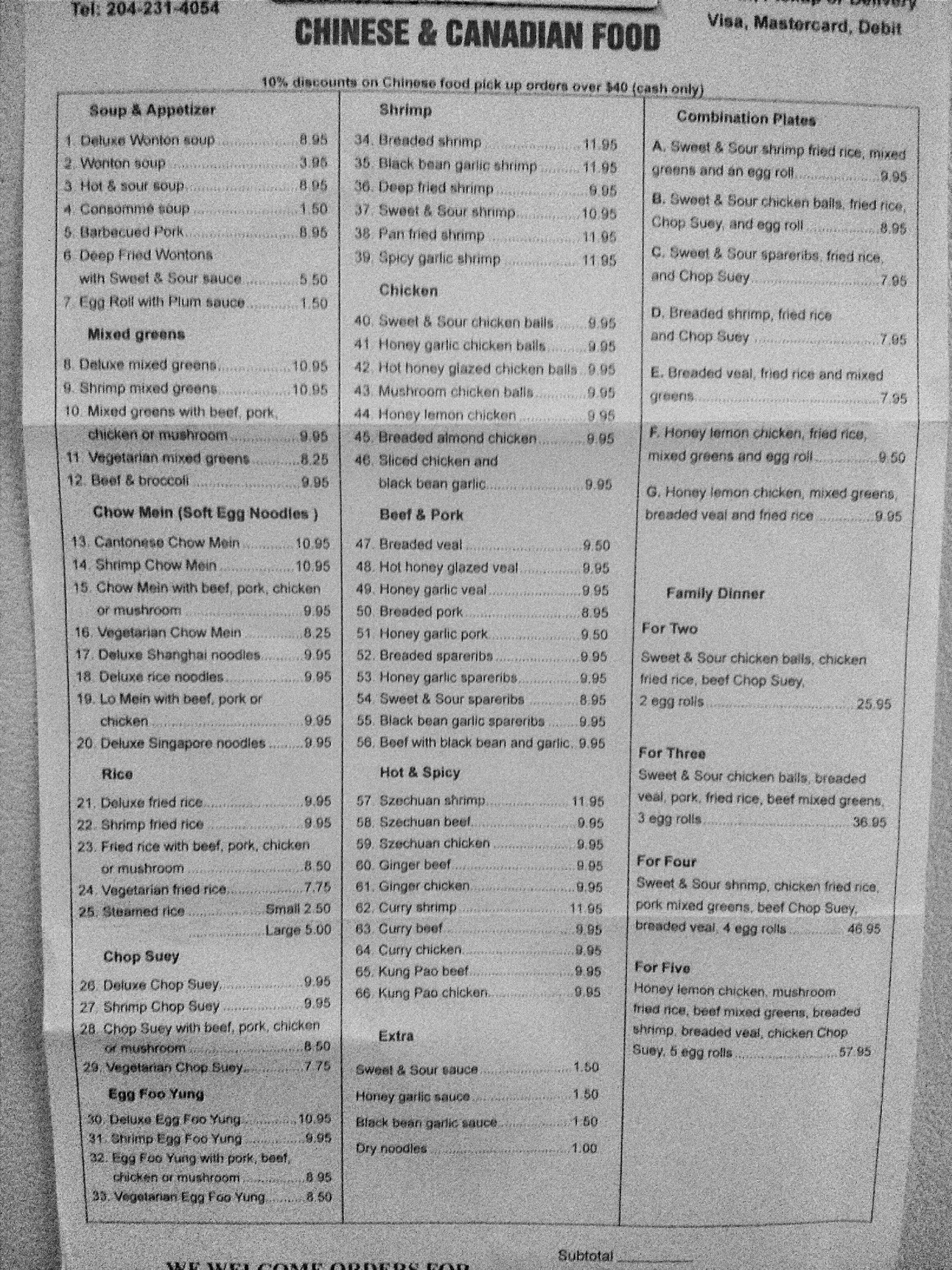 Menu at SingYun Restaurant, Winnipeg