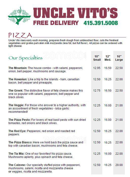 Uncle Vito's Pizzeria Menu - Urbanspoon/Zomato