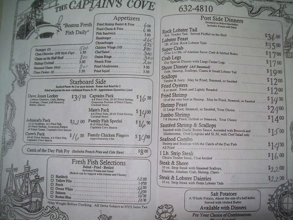 Captain's Cove RTR Menu, Menu for Captain's Cove RTR, Cheektowaga