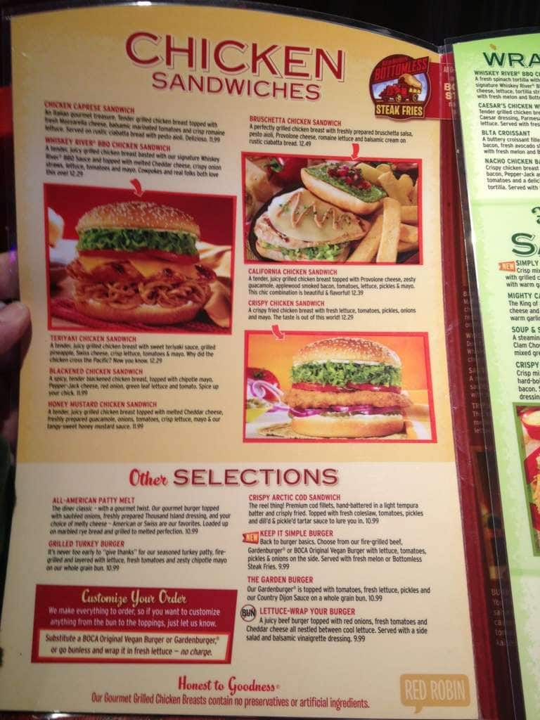 Menu at Red Robin Gourmet Burgers restaurant, Anchorage, N Muldoon Rd