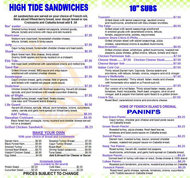 Menu at Surf's Edge pizzeria, Fenwick Island