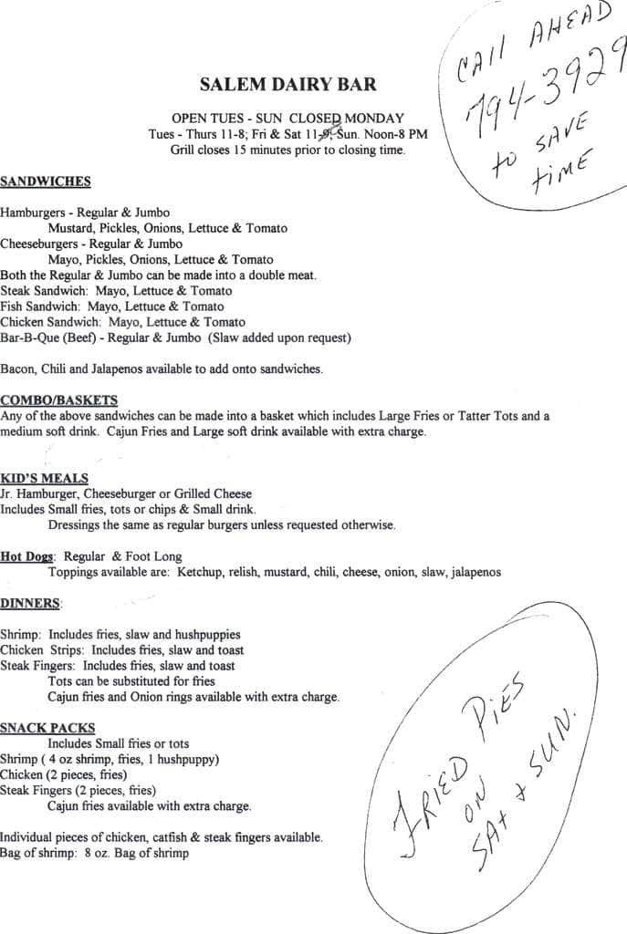 Menu at Salem Dairy Bar, Benton