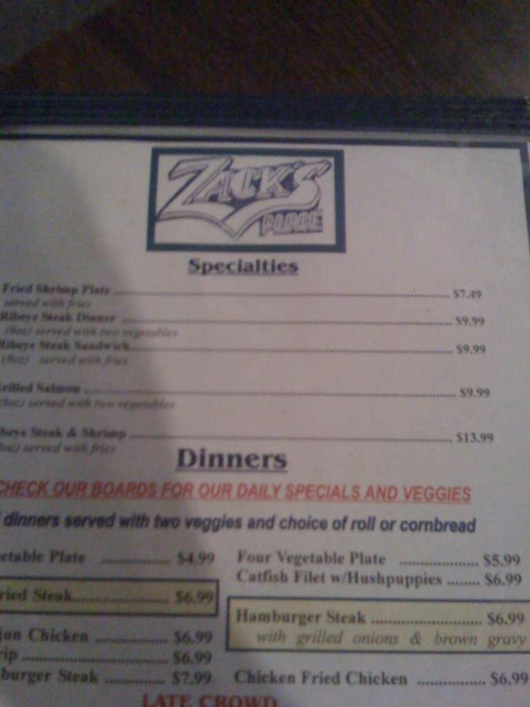 Zack's Place Menu, Menu for Zack's Place, Little Rock, Little Rock