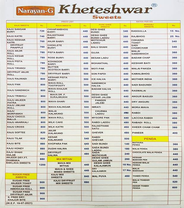 Kheteshwar Sweet & Farsan menu