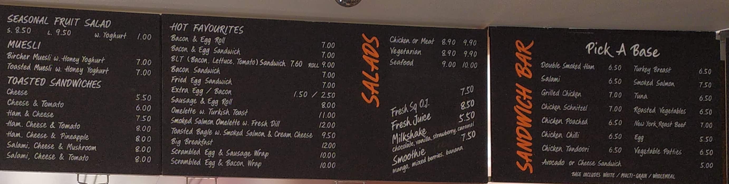 Menu at Quad Cafe, Sydney Olympic Park
