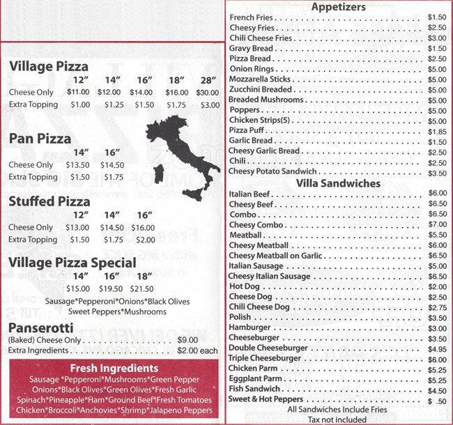 Village Pizza Menu, Menu for Village Pizza, Ukrainian Village, Chicago