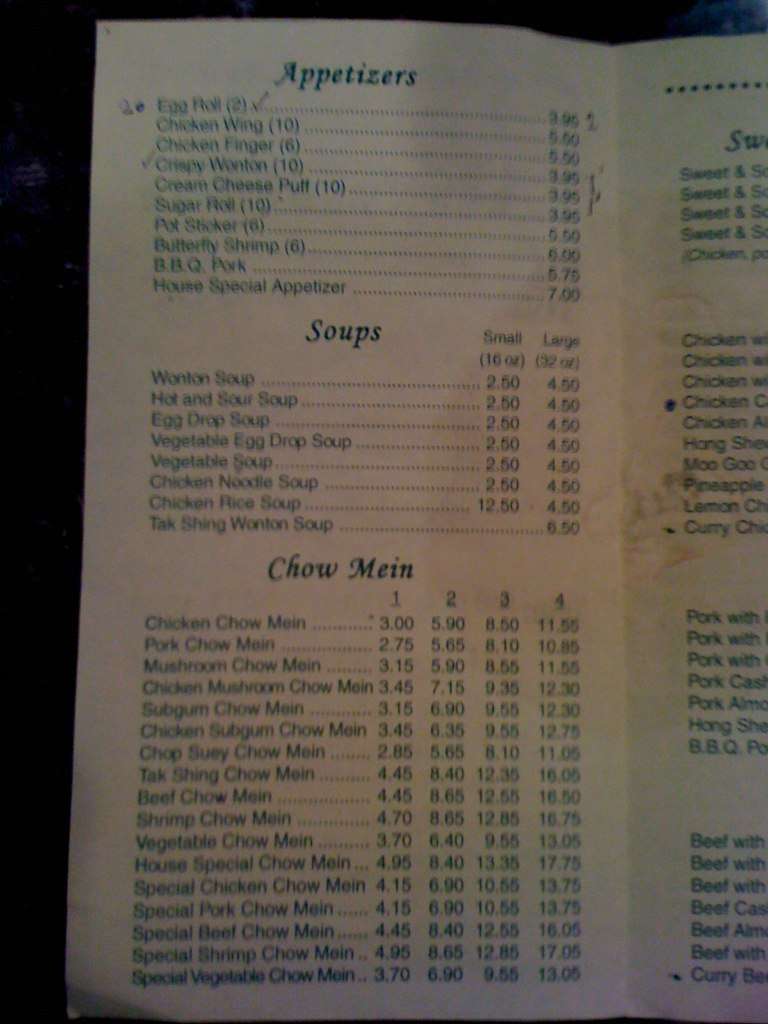 Menu at Tak Shing restaurant, Lakeville