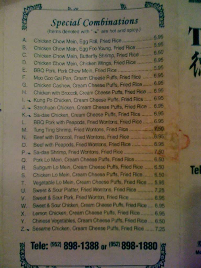Menu at Tak Shing restaurant, Lakeville