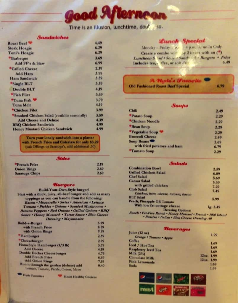 Menu at Hyde's Restaurant, Hamilton