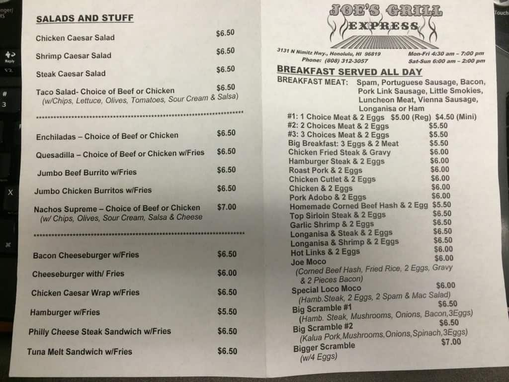 Menu at Joe's Grill Express restaurant, Honolulu