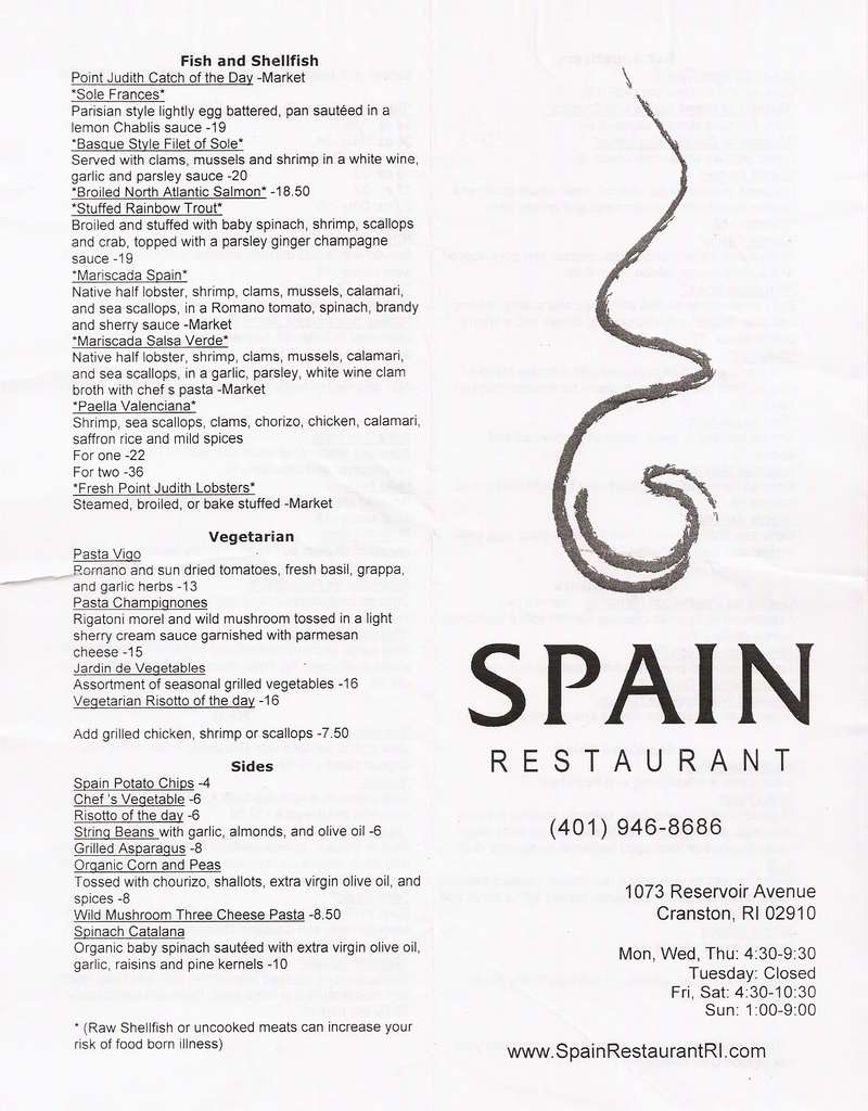 Spain Restaurant Menu Menu For Spain Restaurant Cranston Providence 