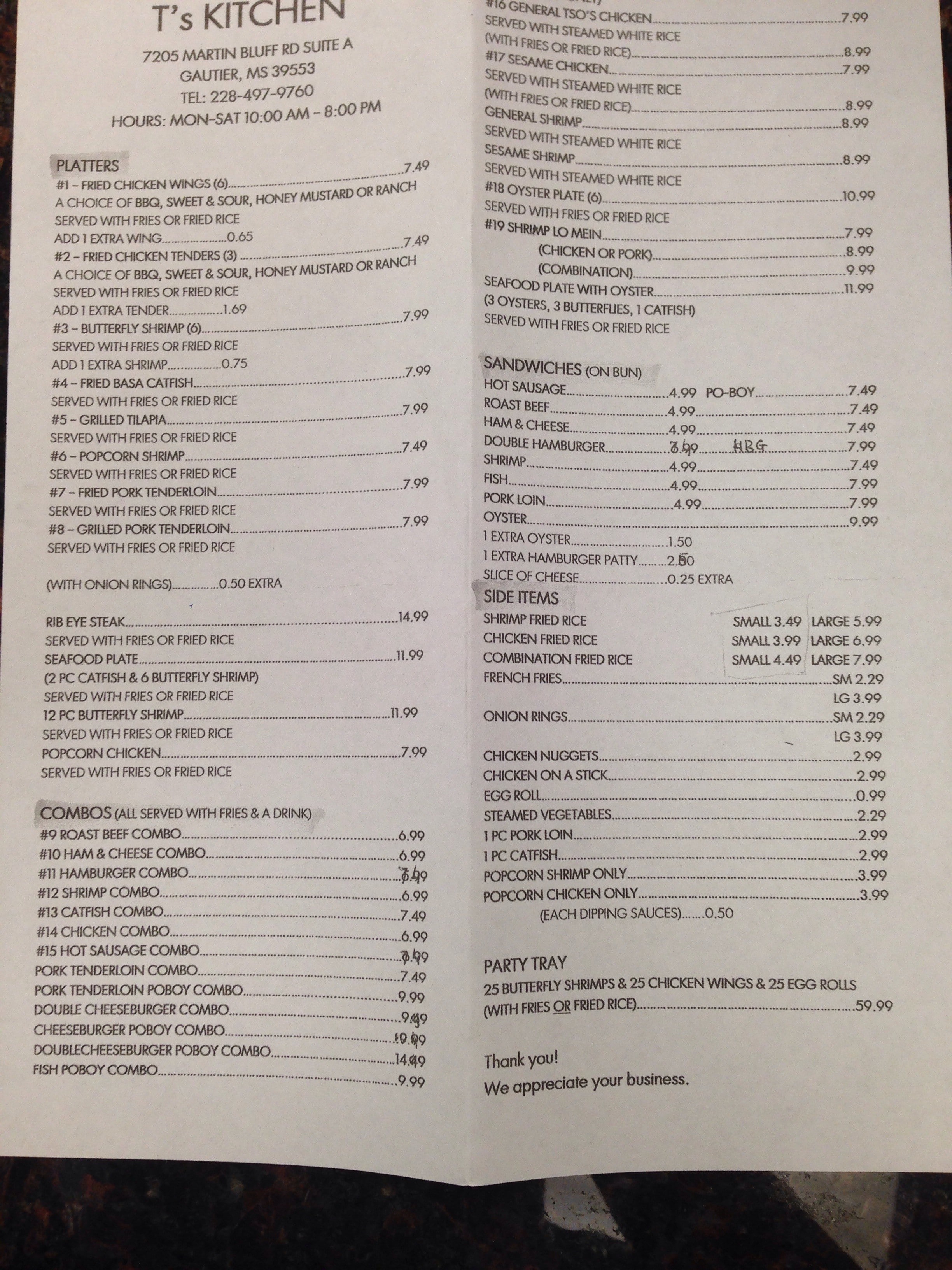T's Kitchen menu, Menu restauracji T's Kitchen, Gautier, Gulfport