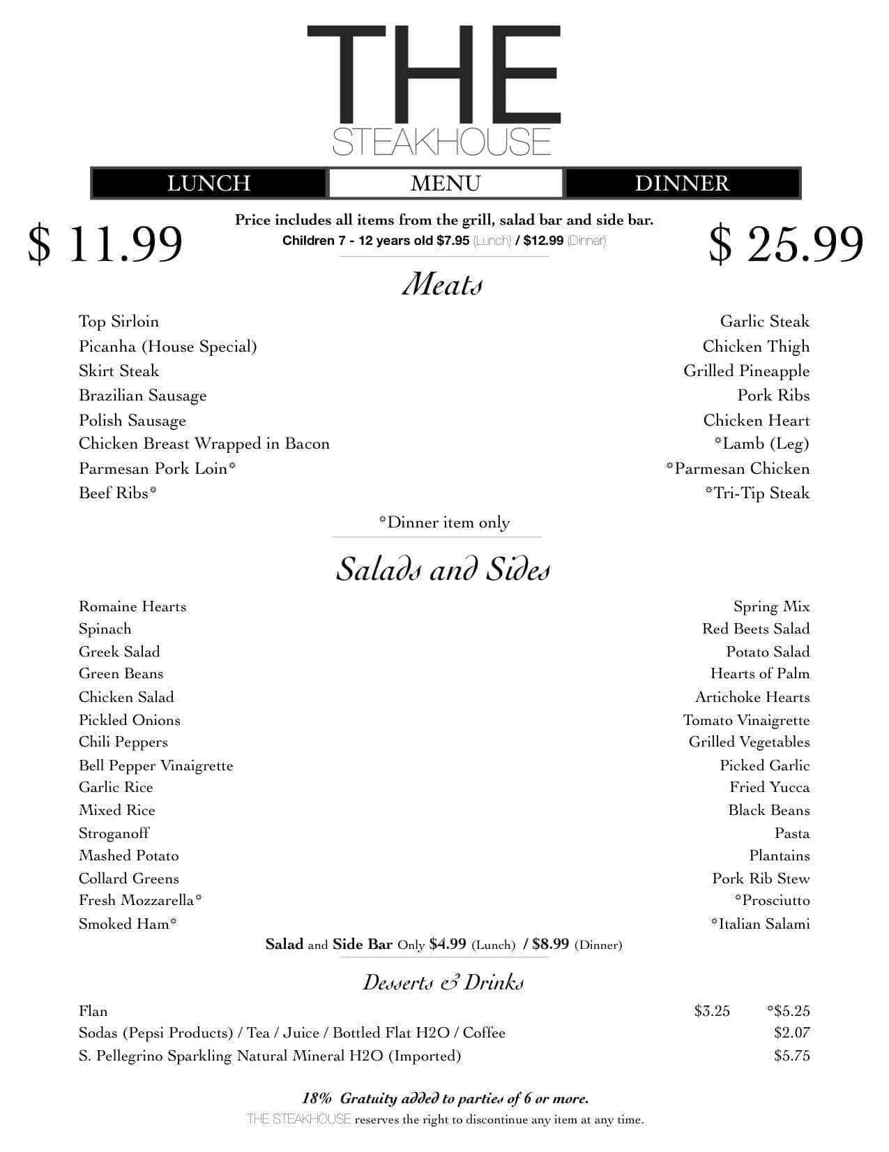 The Steakhouse Menu, Menu for The Steakhouse, Hot Springs, Hot Springs Urbanspoon/Zomato