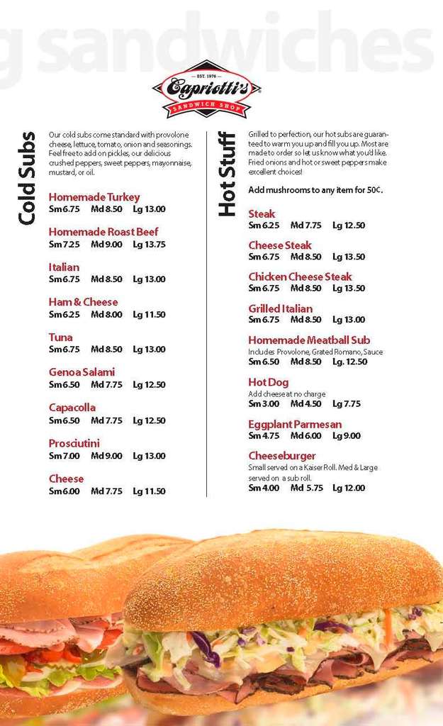 Carta de Capriotti's Sandwich Shop