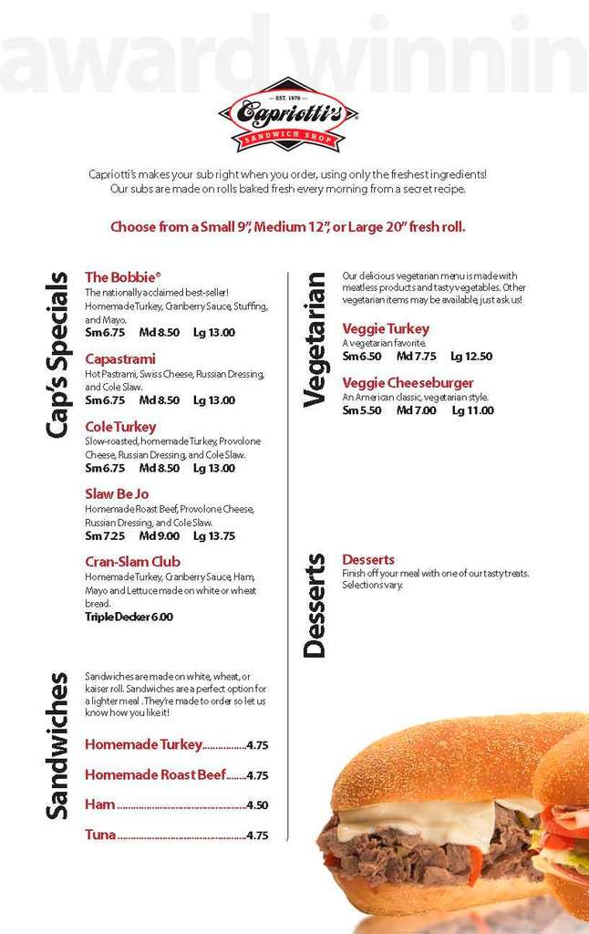 Menu at Capriotti's Sandwich Shop fast food, Elkton