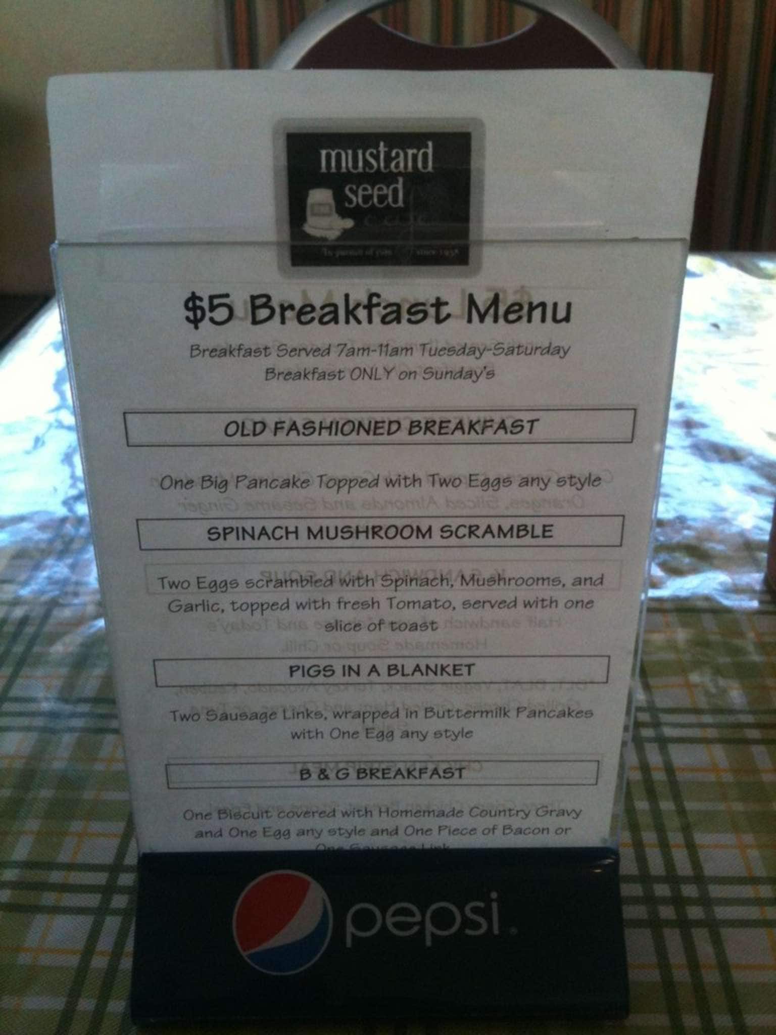Menu at Mustard Seed Cafe, Jacksonville