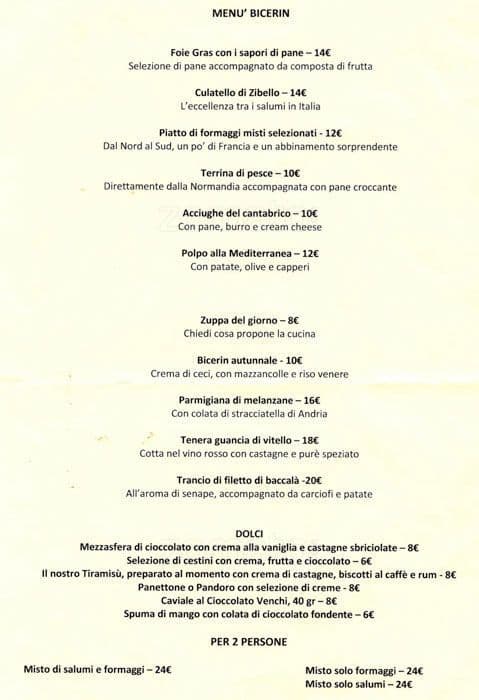 Menu di Bicerìn Milano 