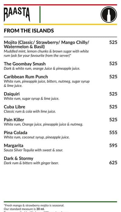Raasta Cyber Hub menu