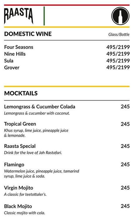 Raasta Cyber Hub menu