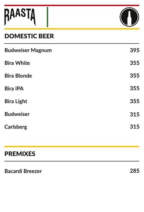 Raasta Cyber Hub menu