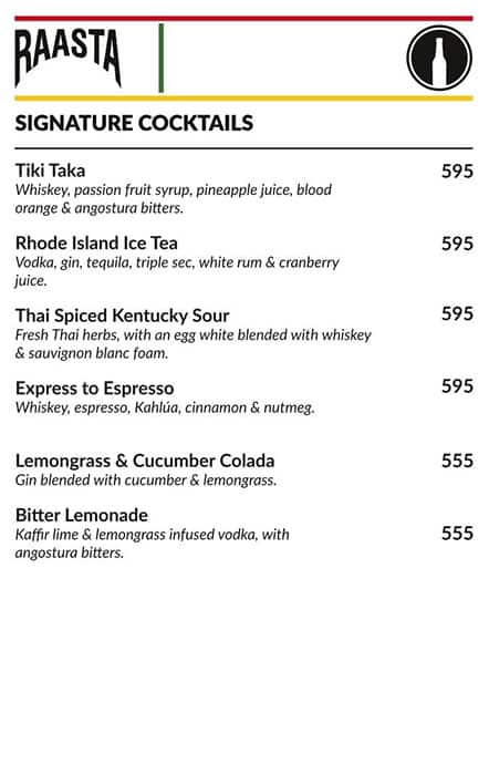 Raasta Cyber Hub menu