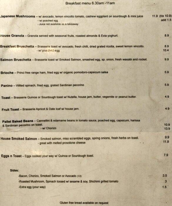 Pallet Espresso Menu, Menu for Pallet Espresso, Collins Street, CBD