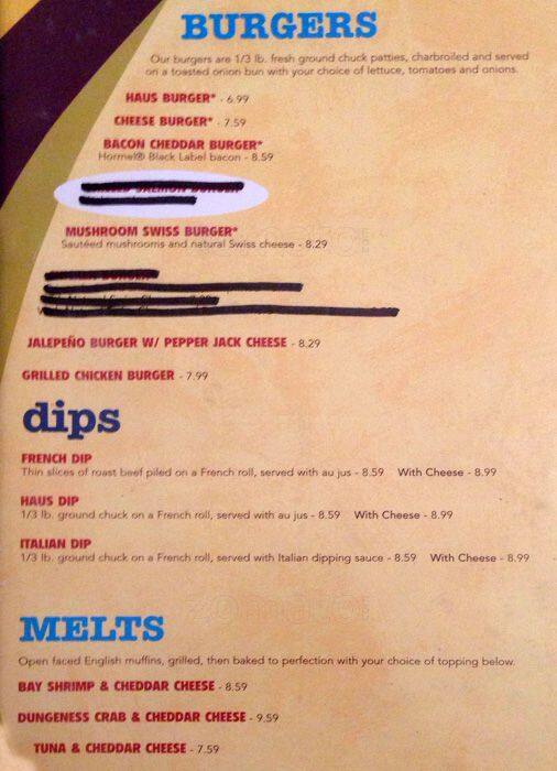 Menu at Pancake Haus restaurant, Edmonds