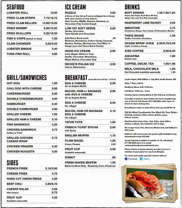 Menu at Sullivan's Castle Island fast food, Boston, William J Day Blvd