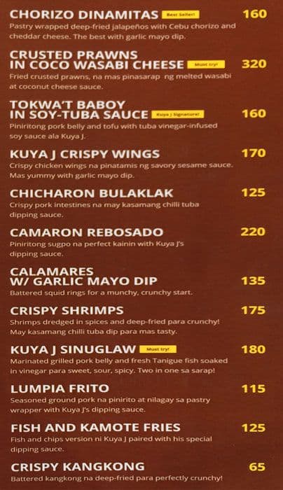 Kuya J Menu, Menu For Kuya J, North Reclamation Area, Cebu City ...