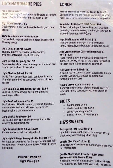 Jig's Kitchen Menu, Menu For Jig's Kitchen, St Kilda, Melbourne 