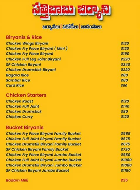 Satti Babu Biryani menu