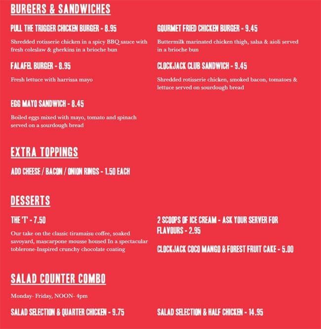 Clockjack Oven menu