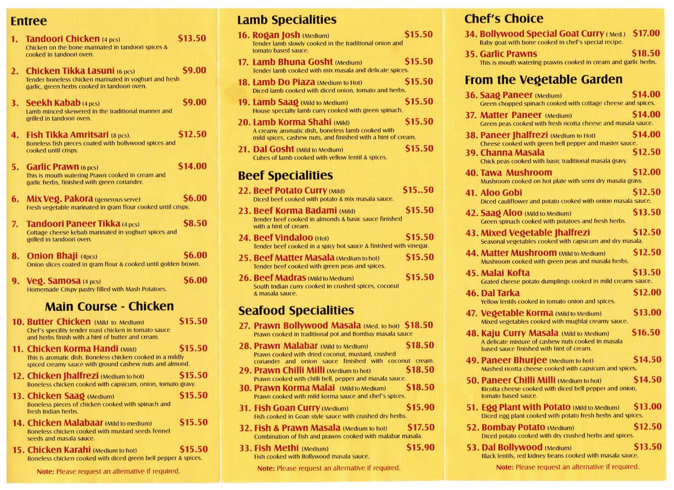 Menu at Bollywood Spices Indian Cuisine restaurant, North Perth, 9/299
