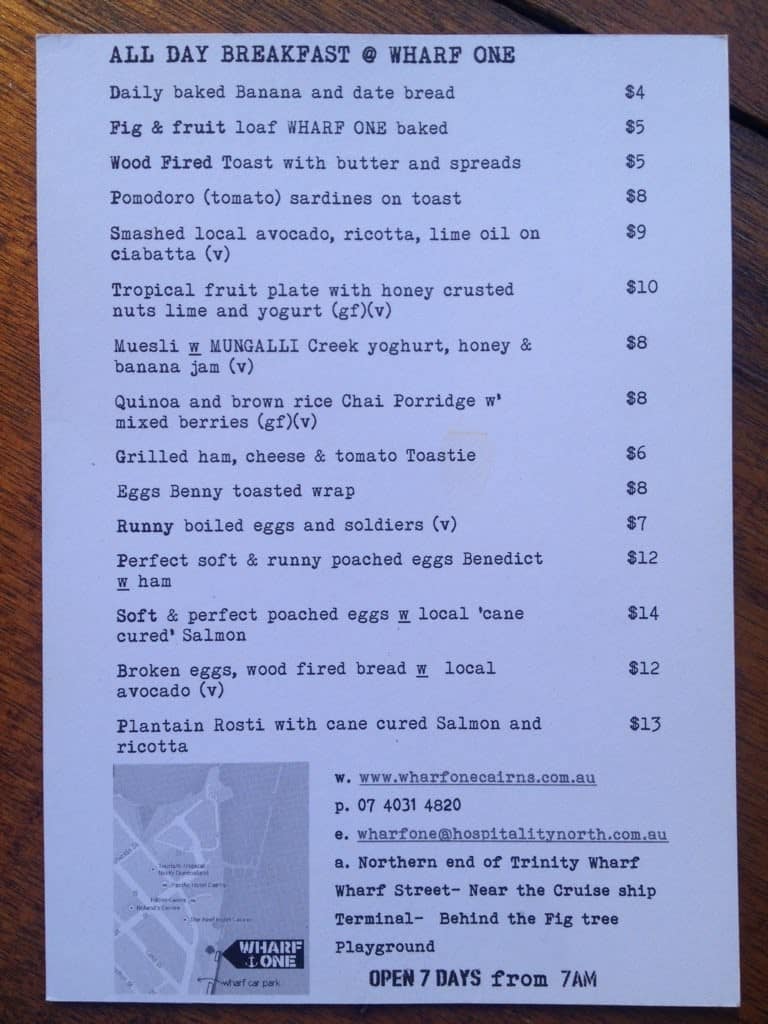 Wharf One Cafe Menu, Menu for Wharf One Cafe, Cairns, Cairns