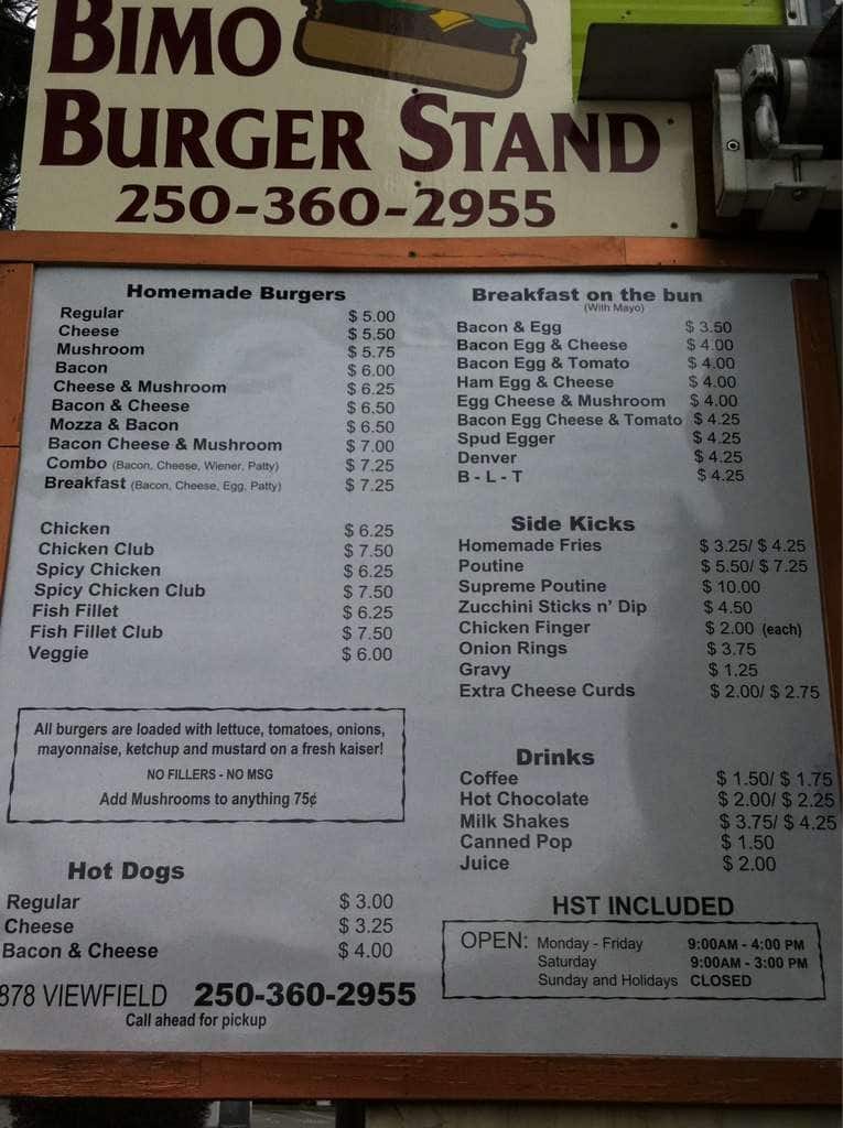 Bimo Burger Stand Menu, Menu for Bimo Burger Stand, Esquimalt
