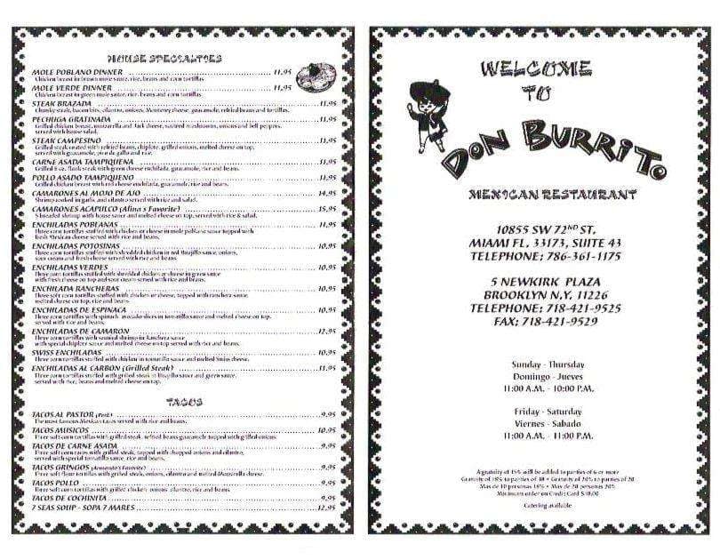 Don Burrito Menu, Menu for Don Burrito, Kendall/Pinecrest, Miami