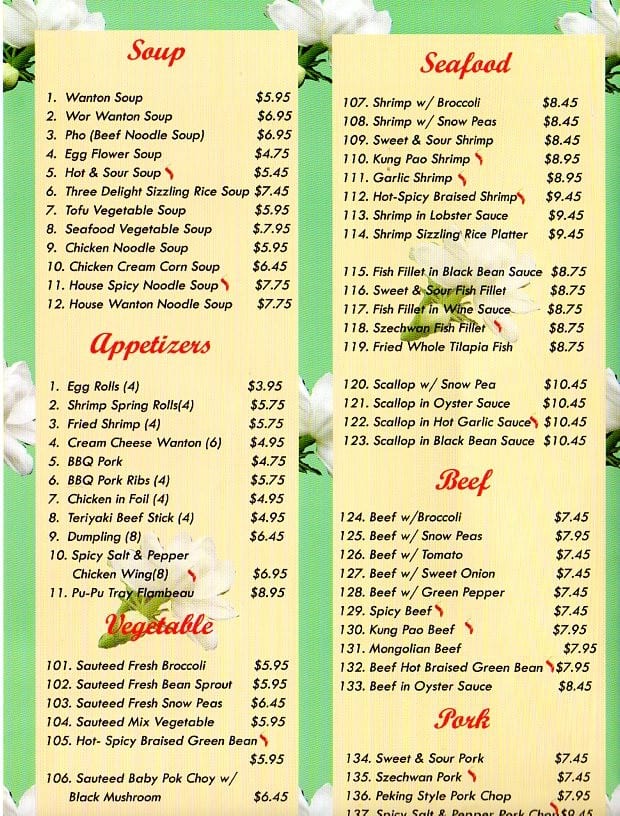Menu at Jasmine Garden restaurant, Riverside