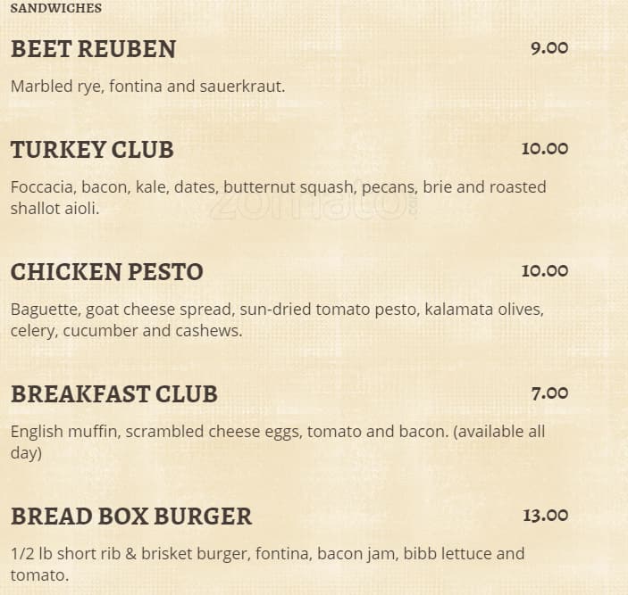 Menu at The Bread Box cafe, San Antonio